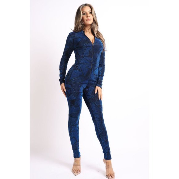 Women's Casual Long Sleeve Geo Lurex Mock Neck Front Zip Jumpsuit Outfit Daily - Picture 7 of 8